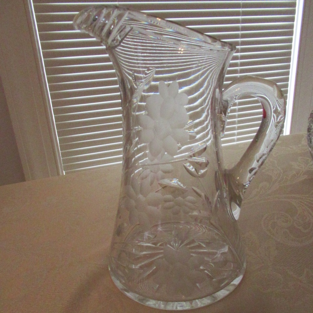 American Brilliant Crystal Floral Etched Pitcher